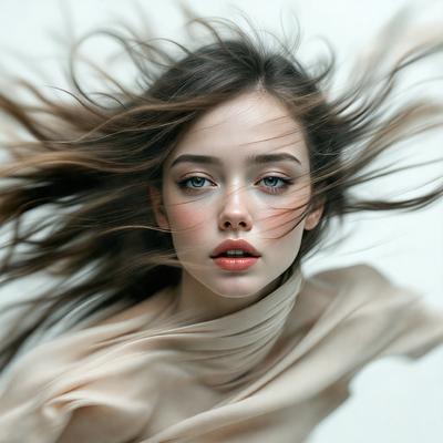 The primary subject of the image is a woman with long, flowing hair. She is wearing a white shirt and has a pink lipstick on her lips. The setting is a white background, which provides a clean and minimalistic look to the photo. The visual style is a close-up shot of the woman's face, emphasizing her features and the pink lipstick. The colors and mood of the image are predominantly white and neutral, creating a calm and serene atmosphere.
